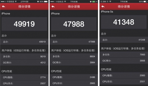 安兔兔测试成绩，从左到右分别是iPhone 6、6 Plus和5s。6 Plus的分辨率更高应该是成绩比6低的原因。