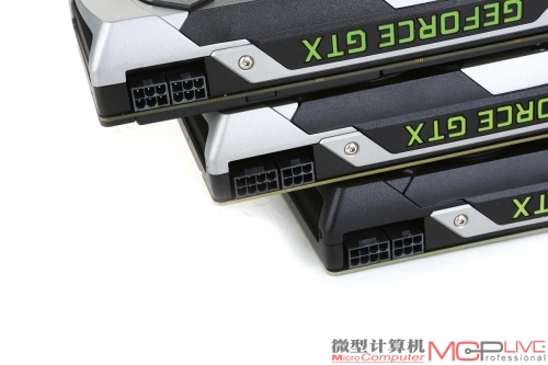 GTX 980、GTX 980Ti、GTX TITAN X(从上往下)外接供电对比，GTX 980Ti和GTX TITAN X一样是8Pin+6Pin配置，供电需求明显比GTX 980的双6Pin更高。